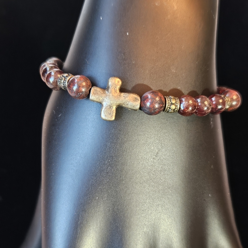 Beaded Cross Bracelet With Genuine Garnet Gemstones